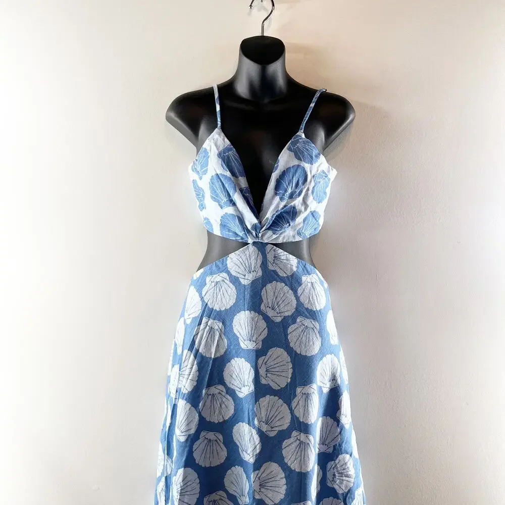 Abercrombie Julia Cutout Tie Back Shell Print Linen Blend Maxi Slip Dress Blue